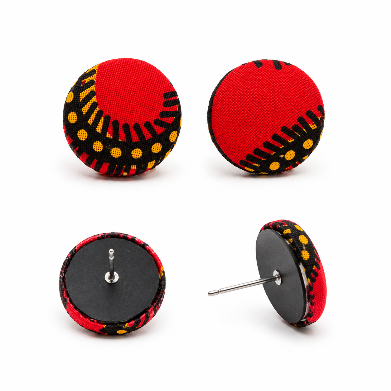 Boucles d’oreilles puces “Wax Flamme” rondes en tissu africain rouge et jaune