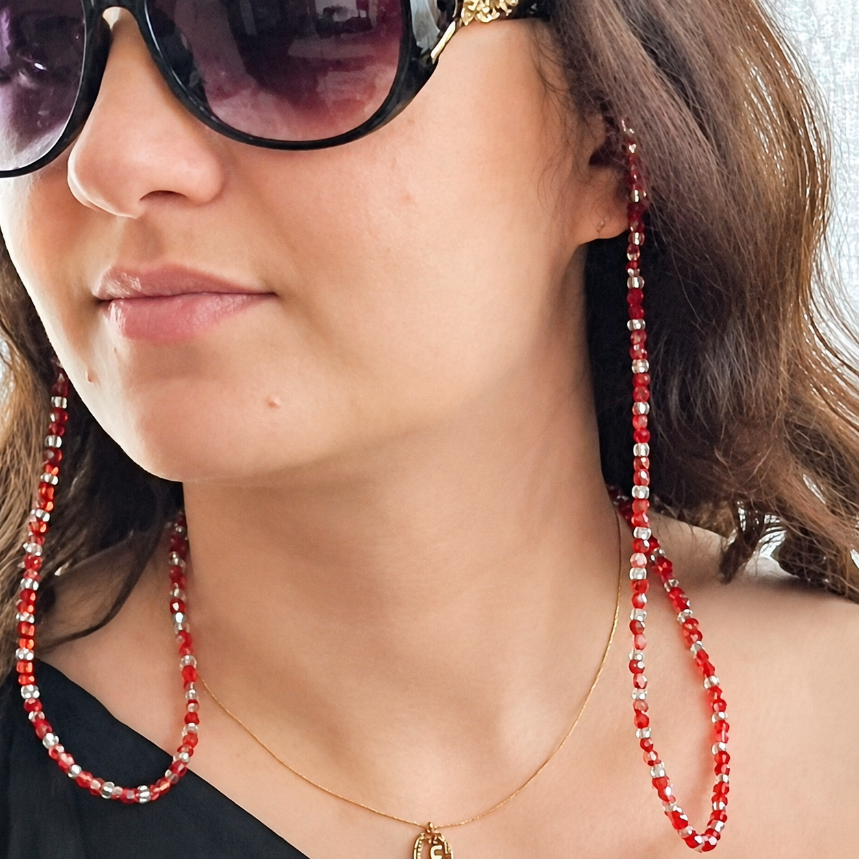 Chaîne de lunettes rouge et argentée artisanale | Création Carole