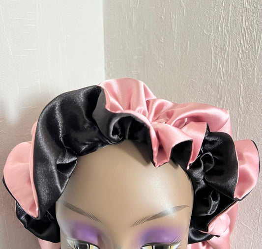 Bonnet de nuit satin noir & rose