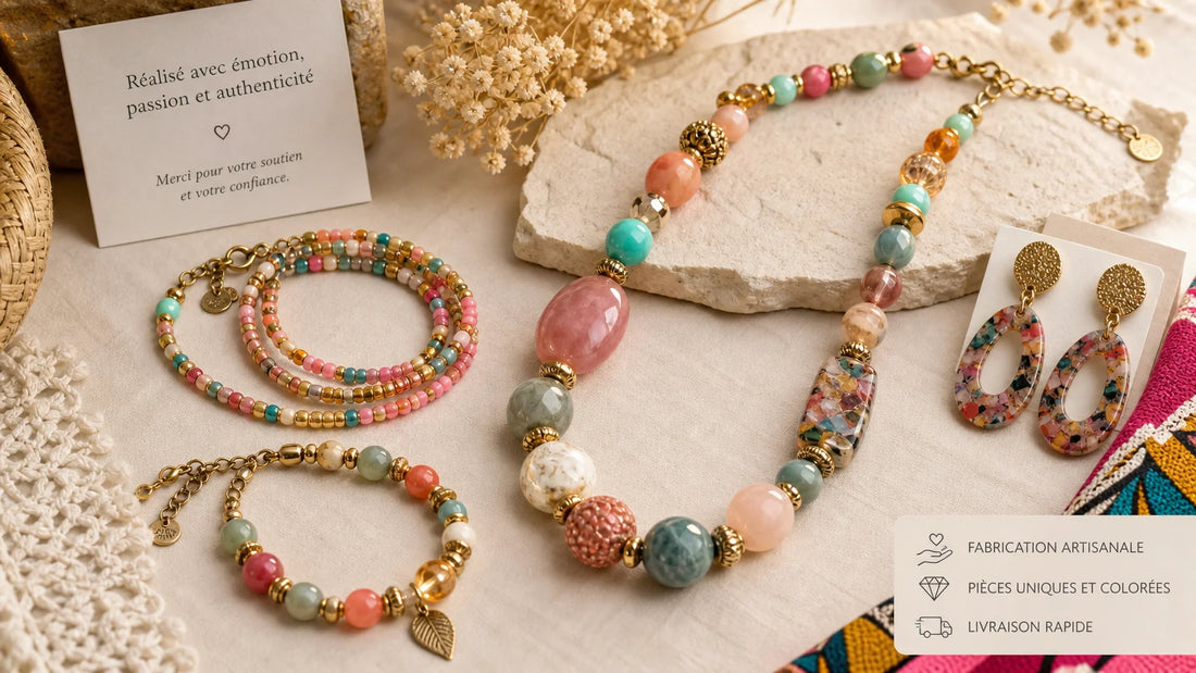Composition élégante de bijoux en perles fantaisie colorées sur fond neutre