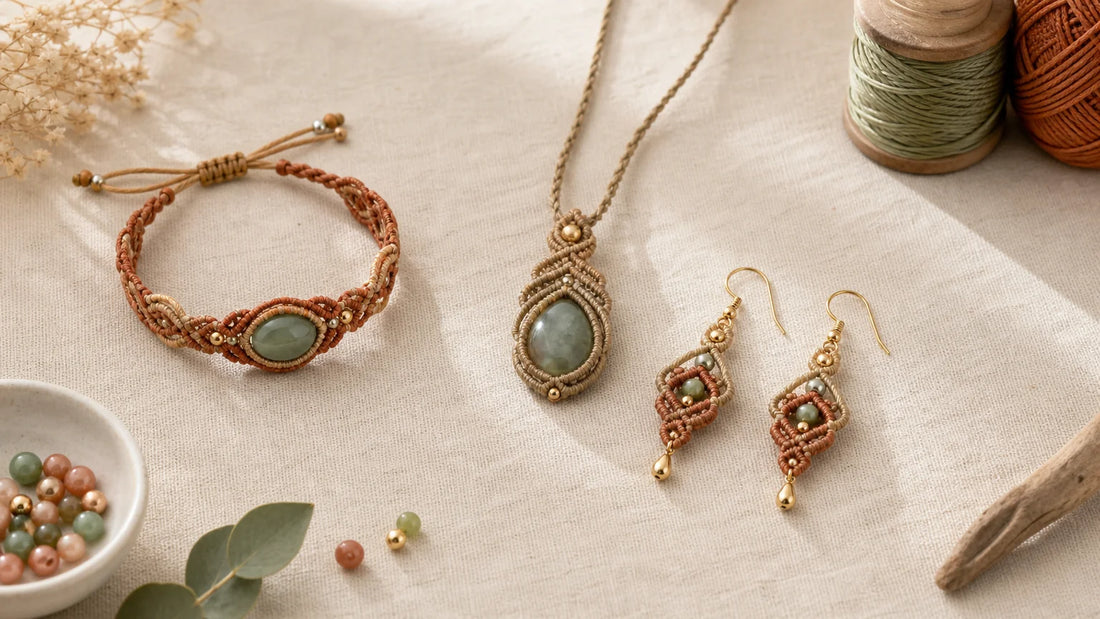 Ensemble de bijoux en macramé aux couleurs naturelles