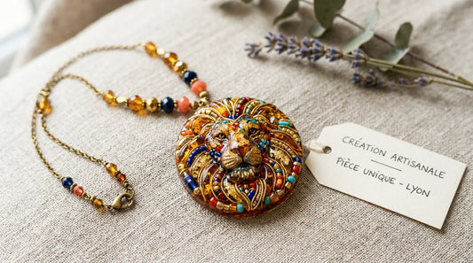 Collection de bijoux artisanaux à motif de lion en résine et perles colorées