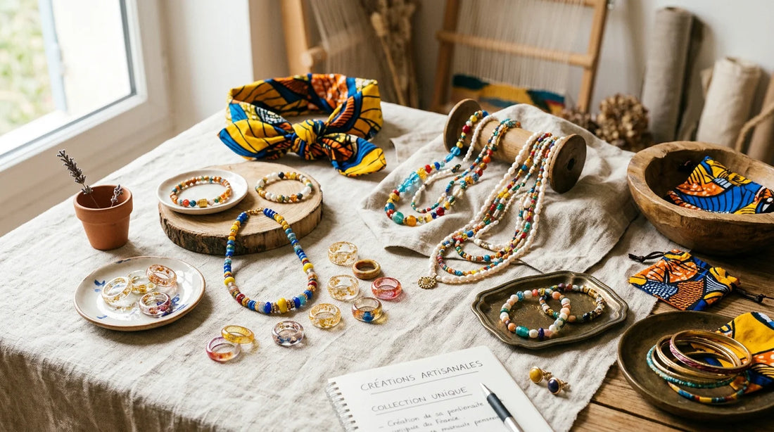 Assortiment de bijoux artisanaux colorés en résine et perles