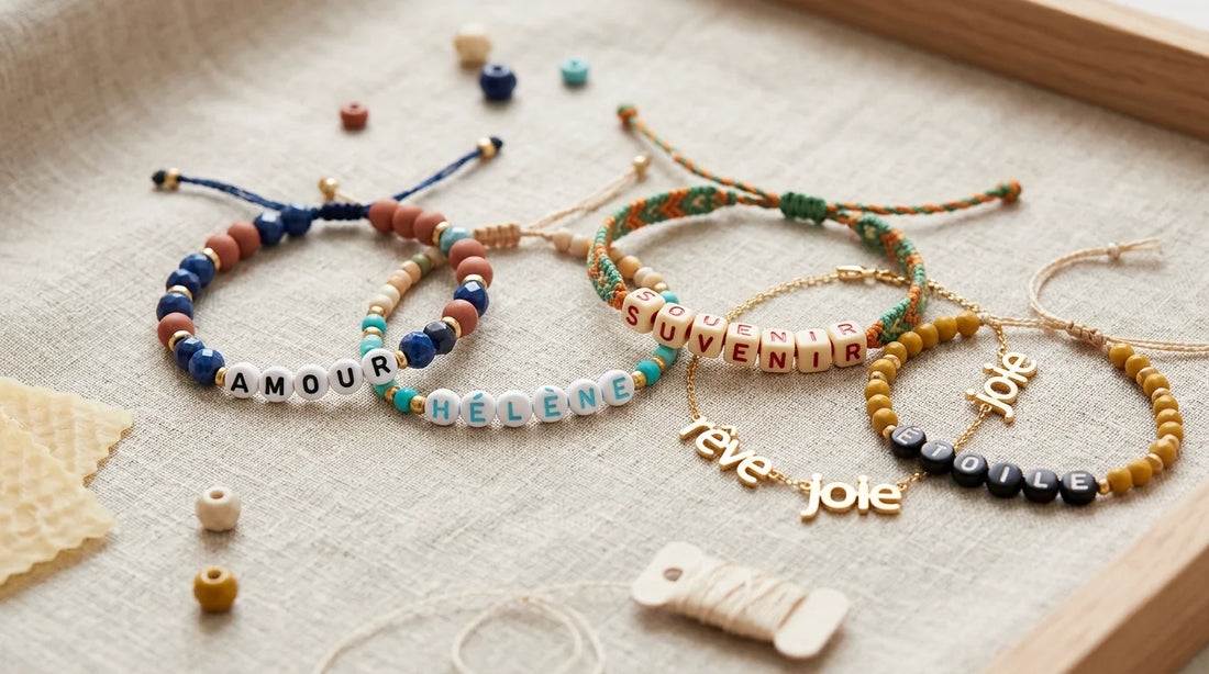 Assortiment de bracelets à initiale en perles, wax et métal sur un tissu neutre