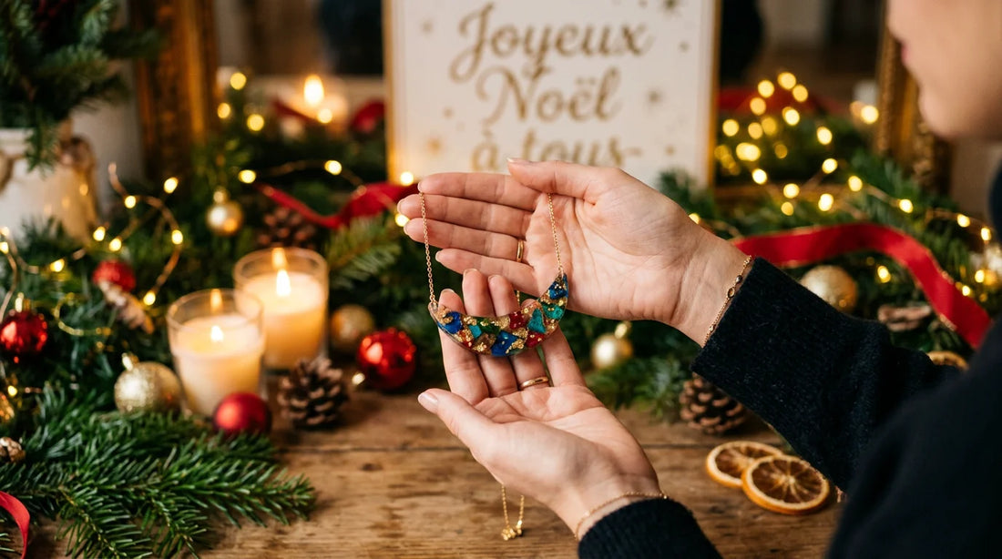 Mains tenant un collier artisanal coloré dans une ambiance chaleureuse de Noël