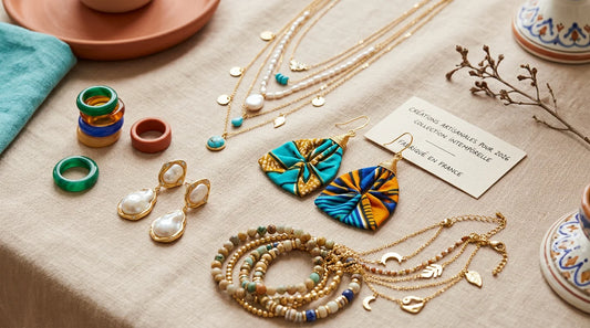 Composition de bijoux artisanaux tendance 2026 en résine, perles et wax