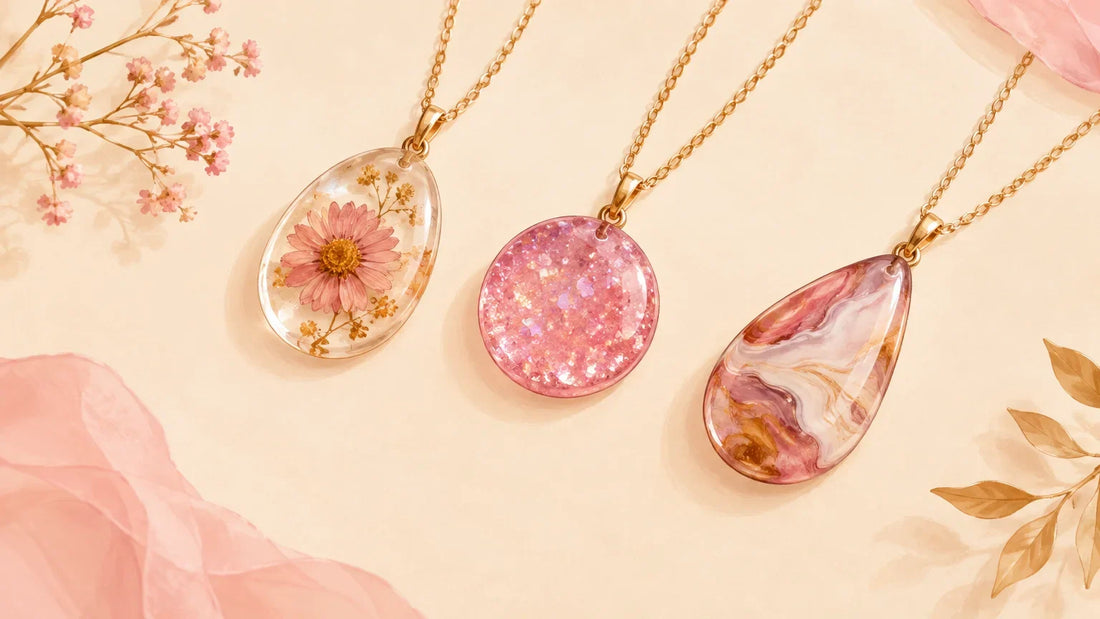 Trois pendentifs en résine illustrant des différences de couleur, de transparence et d’inclusion