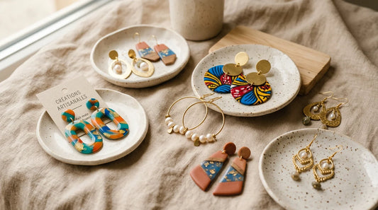 Collection de boucles d'oreilles artisanales colorées en résine, perles et laiton doré