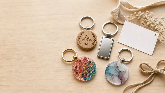 Porte-clés personnalisés artisanaux présentés sur une table claire en France