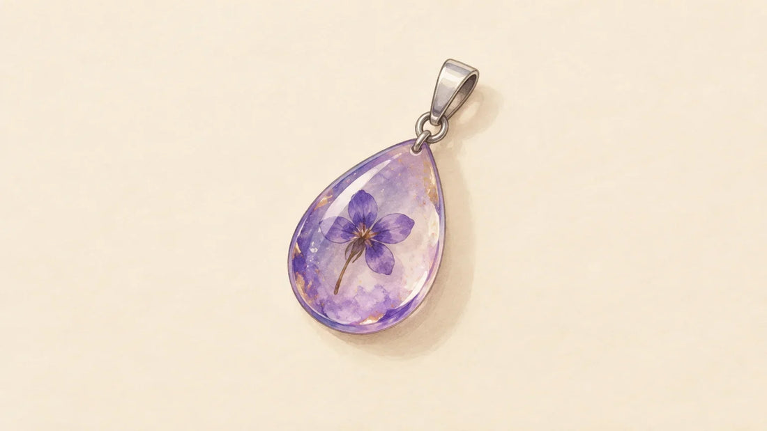 Pendentif en résine violette transparente avec une fleur séchée