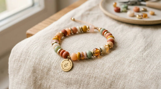 Bracelet en perles colorées fait main présenté sur un fond textile clair