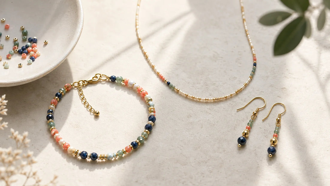 Composition de bijoux en perles faits main aux couleurs naturelles