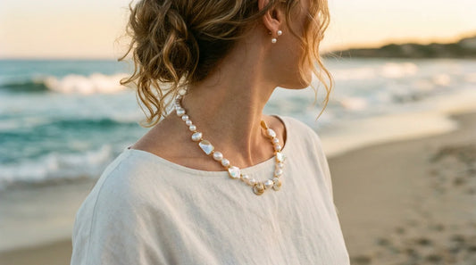 Femme portant un collier d'inspiration marine en perles et coquillages au bord de la mer