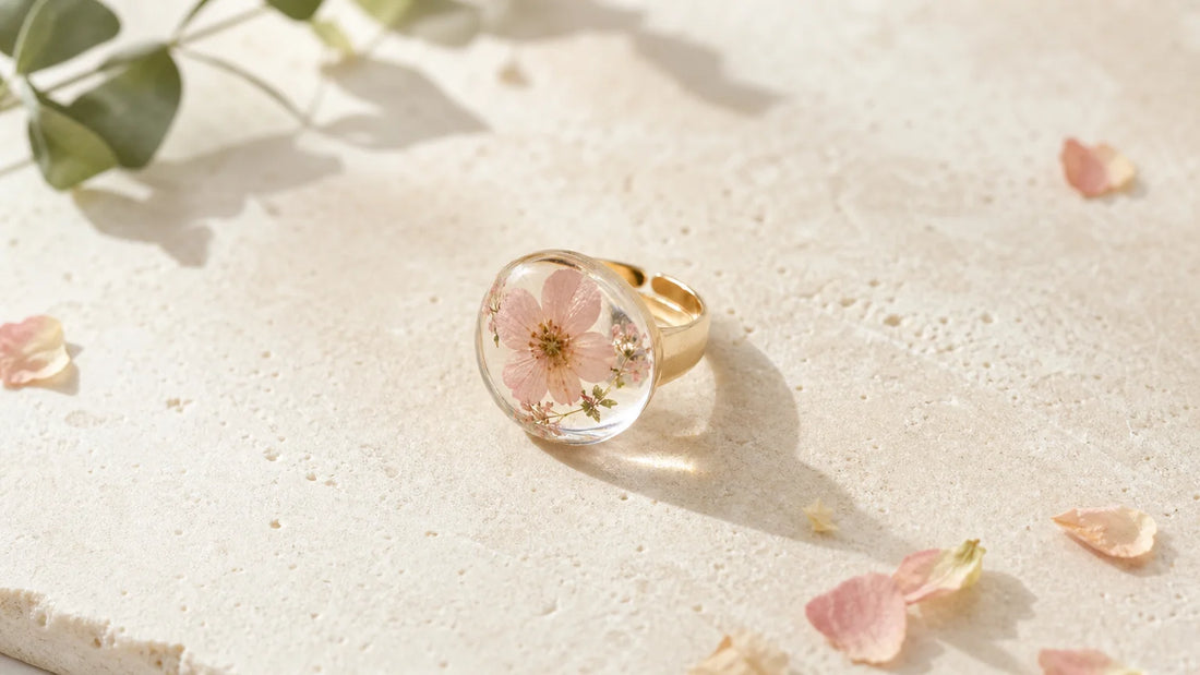 Bijou en résine avec fleur séchée sur une surface naturelle