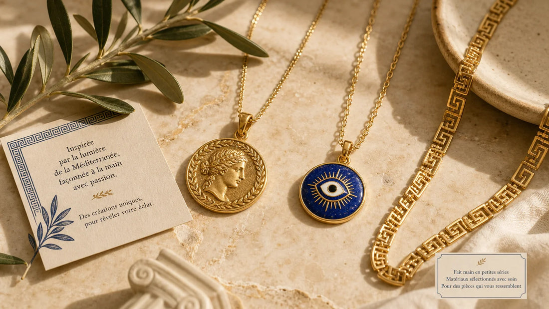 Composition de colliers d'inspiration grecque avec médaillon doré et œil protecteur bleu