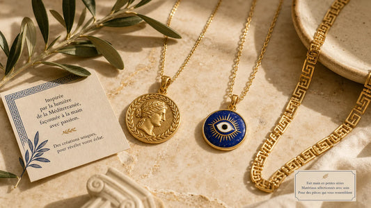 Composition de colliers d'inspiration grecque avec médaillon doré et œil protecteur bleu