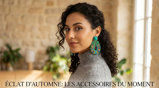 Femme portant des boucles d'oreilles colorées oversized tendance