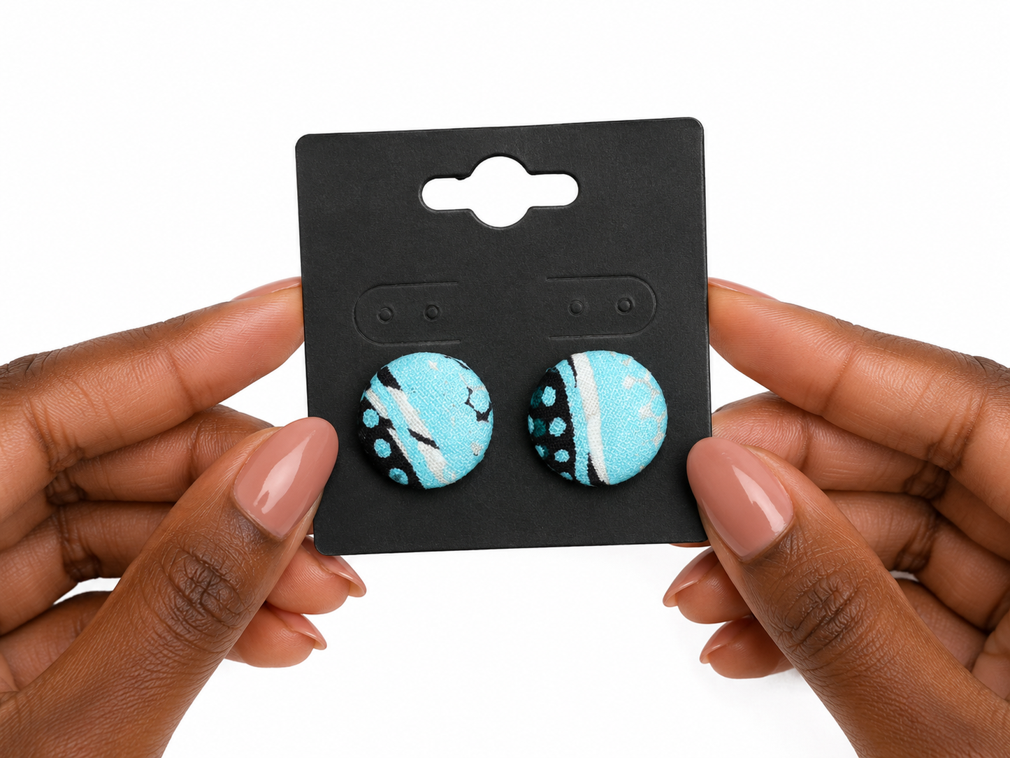 Boucles d’oreilles puces “Wax Bleu Lagon” rondes en tissu africain