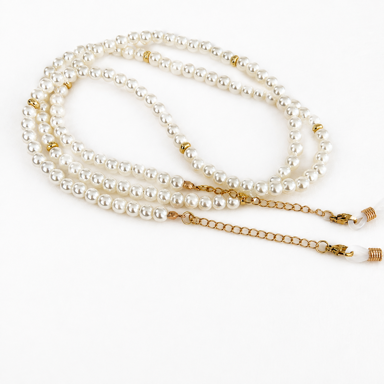 Chaîne de lunettes perles blanches et dorées