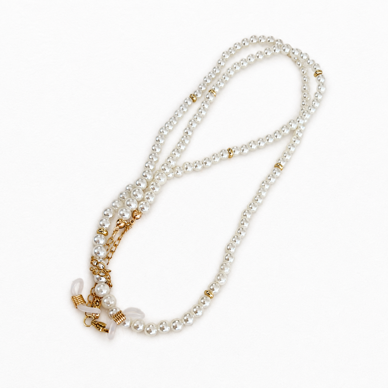 Chaîne de lunettes perles blanches et dorées