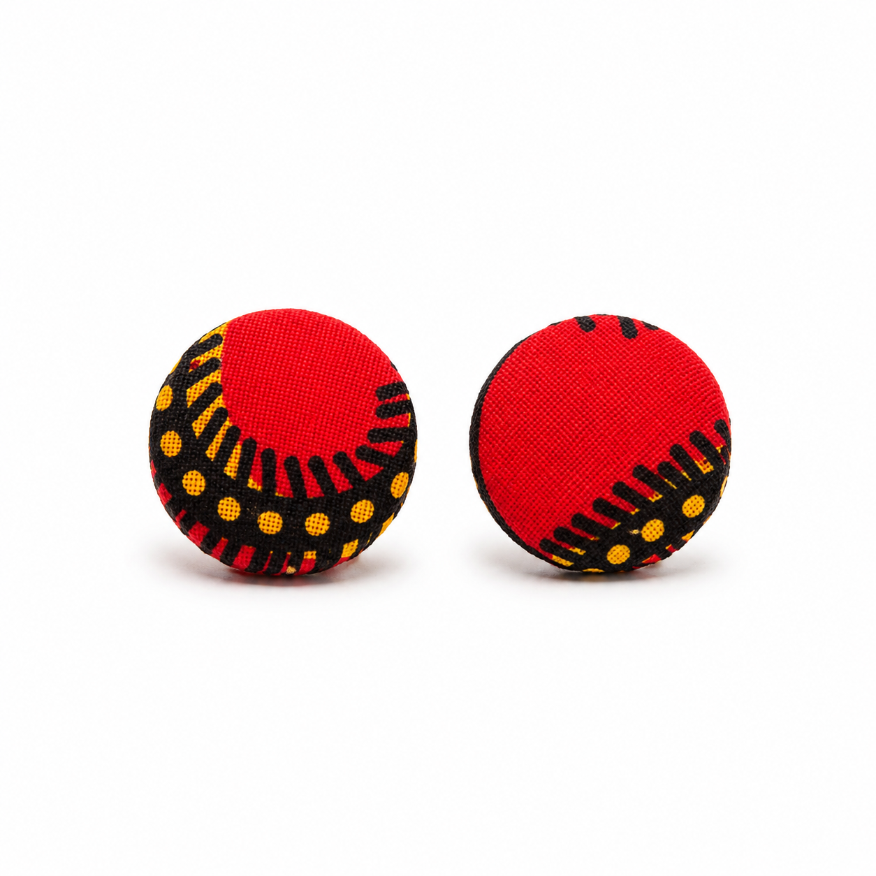 Boucles d’oreilles puces “Wax Flamme” rondes en tissu africain rouge et jaune