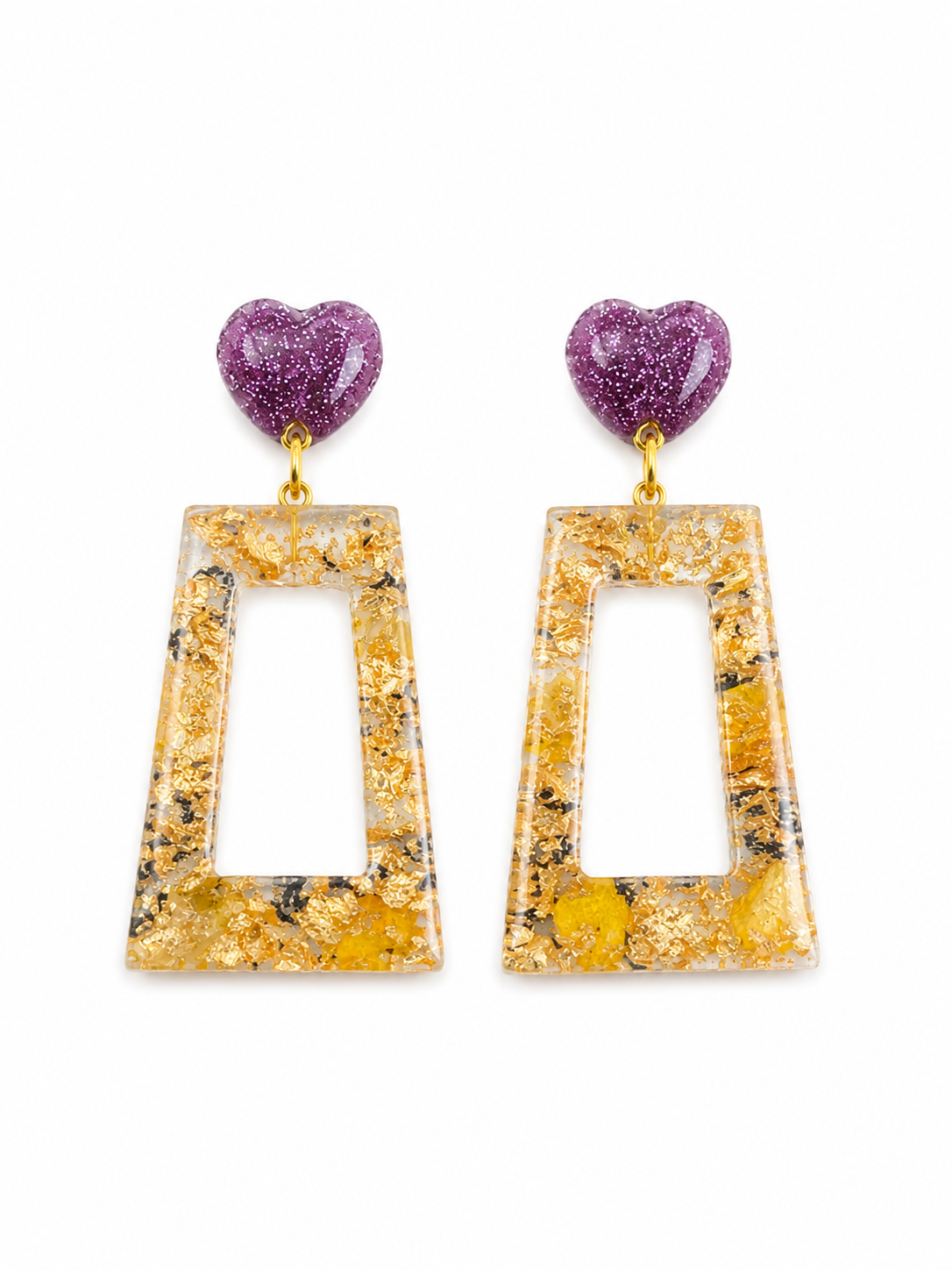 Boucles d'oreilles pendantes en résine dorée - violette