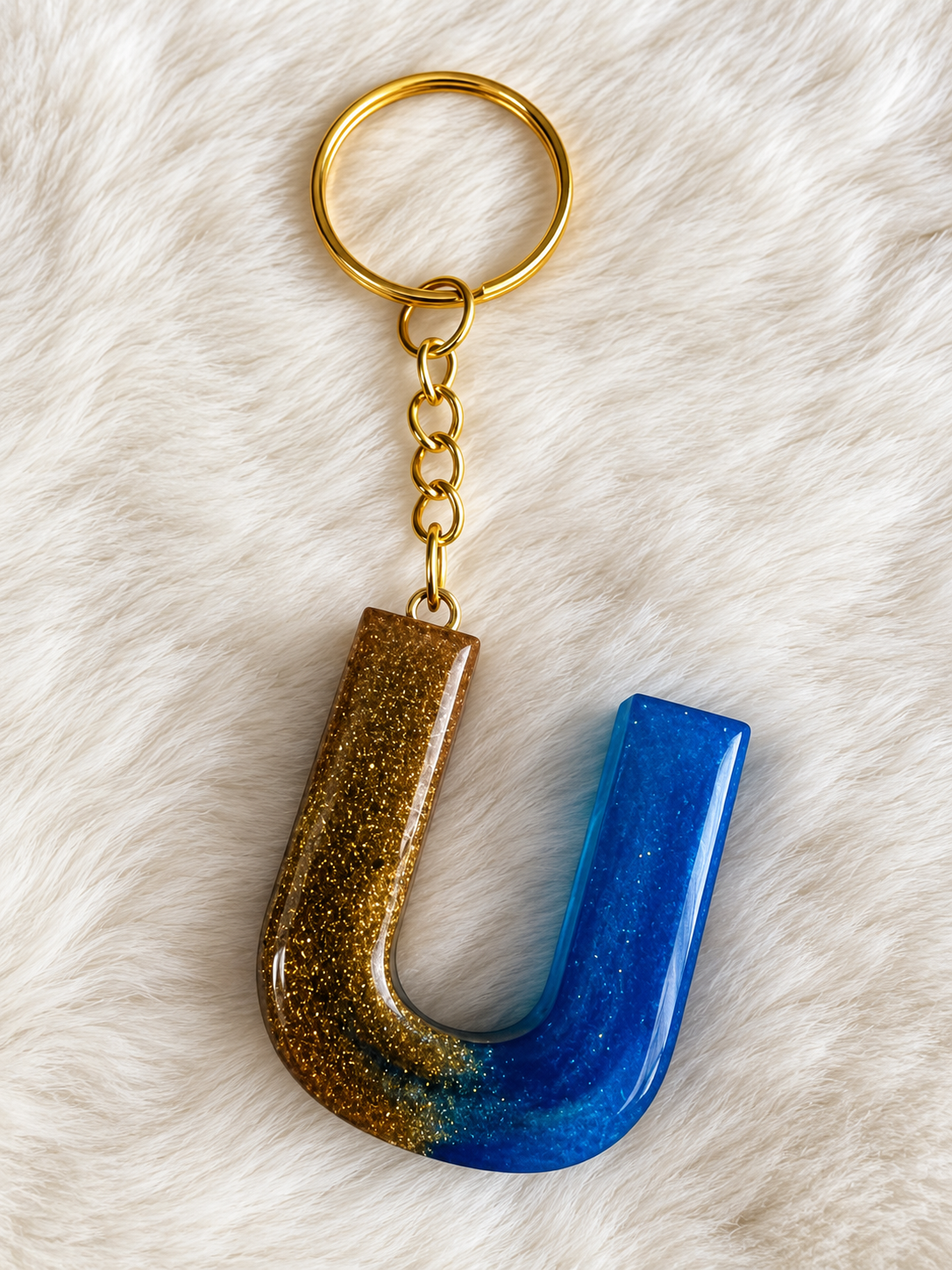 Porte-clés lettre J bleu et doré en résine fait main