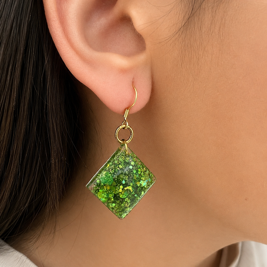 Boucles d’oreilles Carré Vert Pailleté