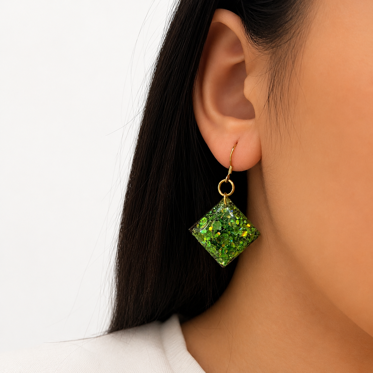 Boucles d’oreilles Carré Vert Pailleté