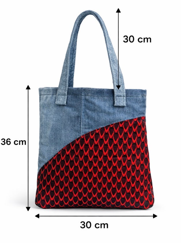 Sac cabas en jean et tissu wax rouge