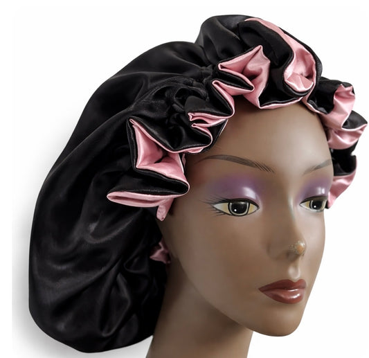 Bonnet de nuit satin noir & rose